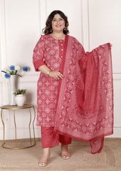 Plus Size  Red Cotton Bandhni print Kurta Pant Set with Dupatta-200073