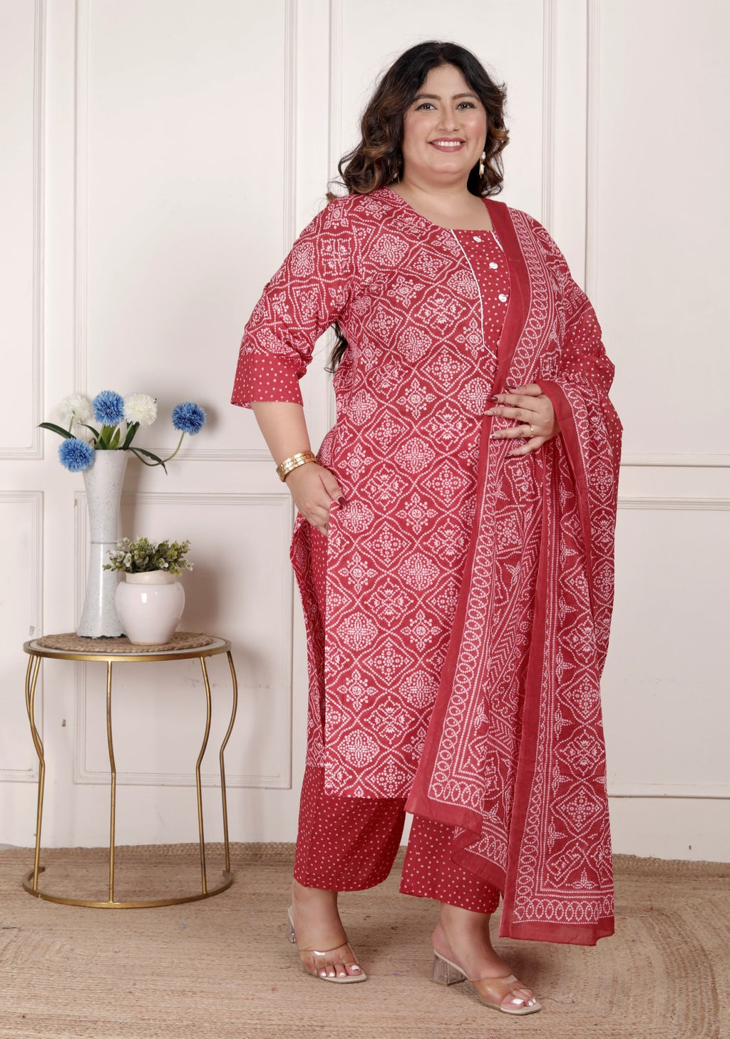 Plus Size  Red Cotton Bandhni print Kurta Pant Set with Dupatta-200073