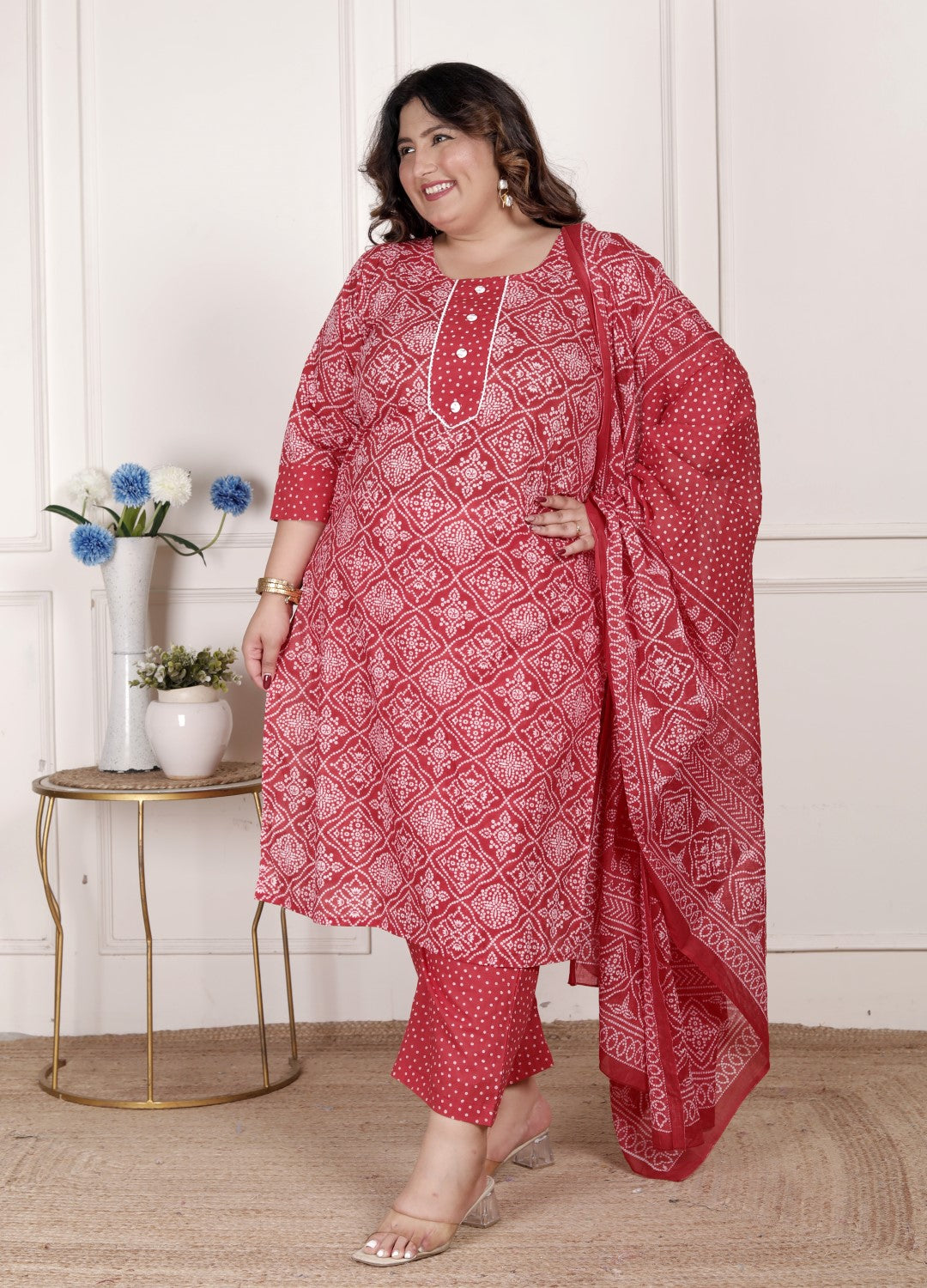 Plus Size  Red Cotton Bandhni print Kurta Pant Set with Dupatta-200073 Secondary image