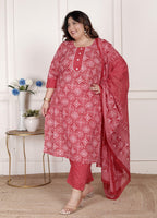 Plus Size  Red Cotton Bandhni print Kurta Pant Set with Dupatta-200073