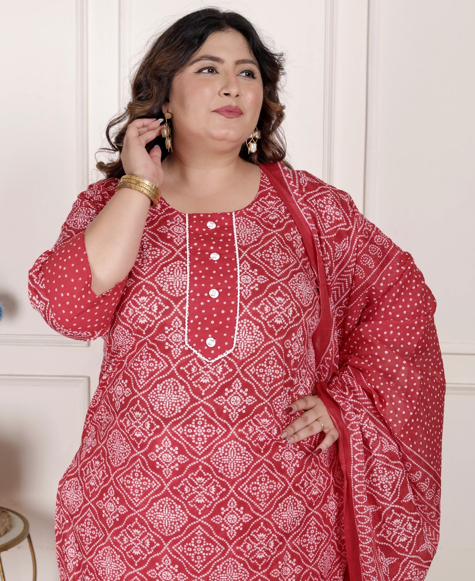Plus Size  Red Cotton Bandhni print Kurta Pant Set with Dupatta-200073