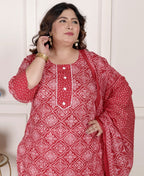 Plus Size  Red Cotton Bandhni print Kurta Pant Set with Dupatta-200073
