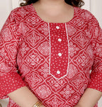 Plus Size  Red Cotton Bandhni print Kurta Pant Set with Dupatta-200073