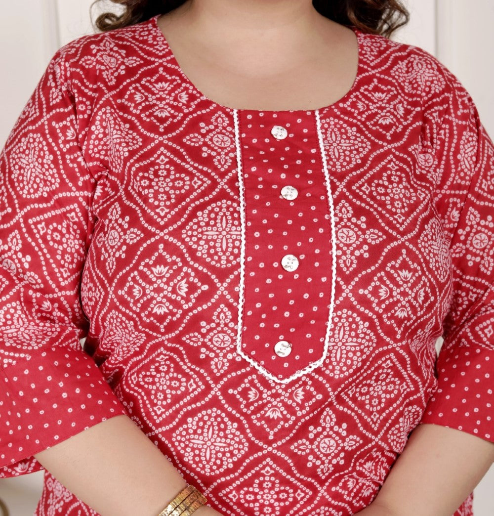 Plus Size  Red Cotton Bandhni print Kurta Pant Set with Dupatta-200073
