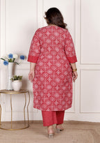 Plus Size  Red Cotton Bandhni print Kurta Pant Set with Dupatta-200073