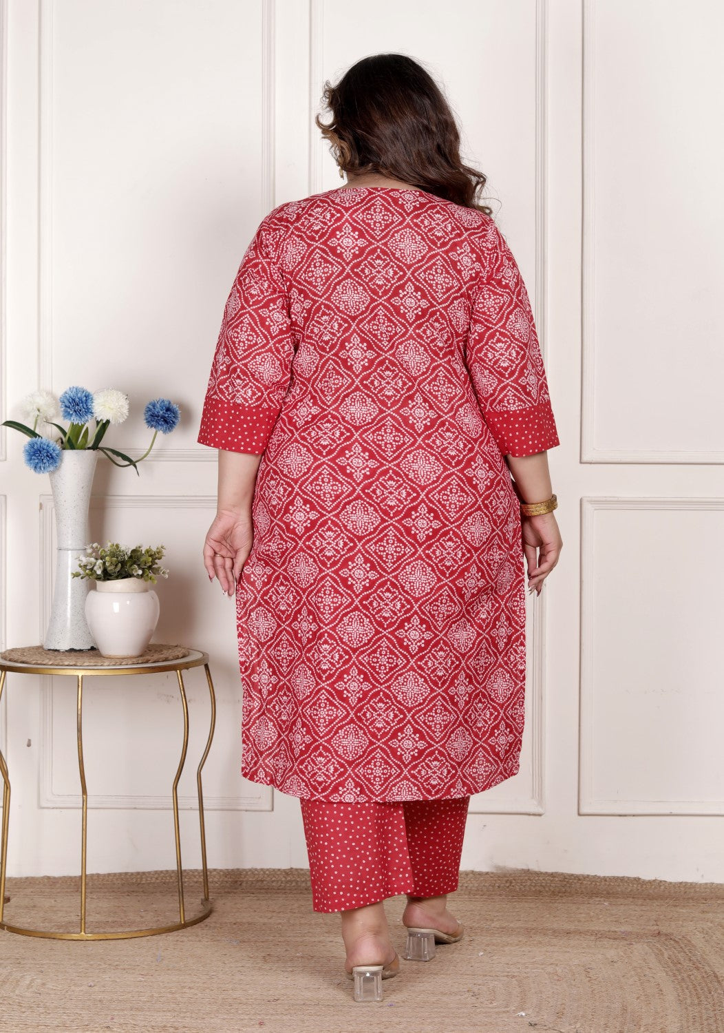 Plus Size  Red Cotton Bandhni print Kurta Pant Set with Dupatta-200073