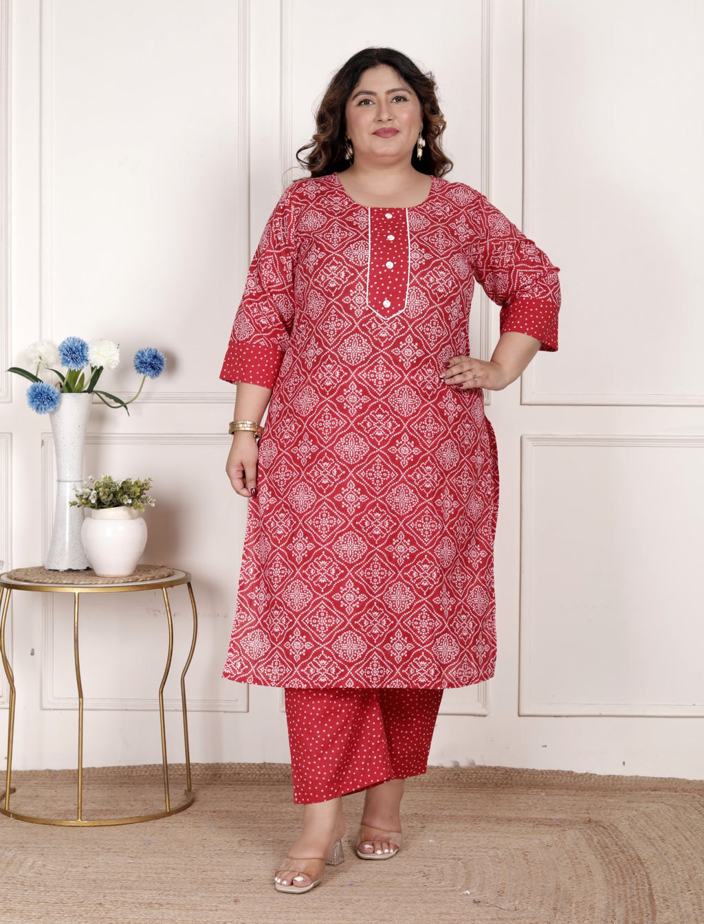 Plus Size  Red Cotton Bandhni print Kurta Pant Set with Dupatta-200073