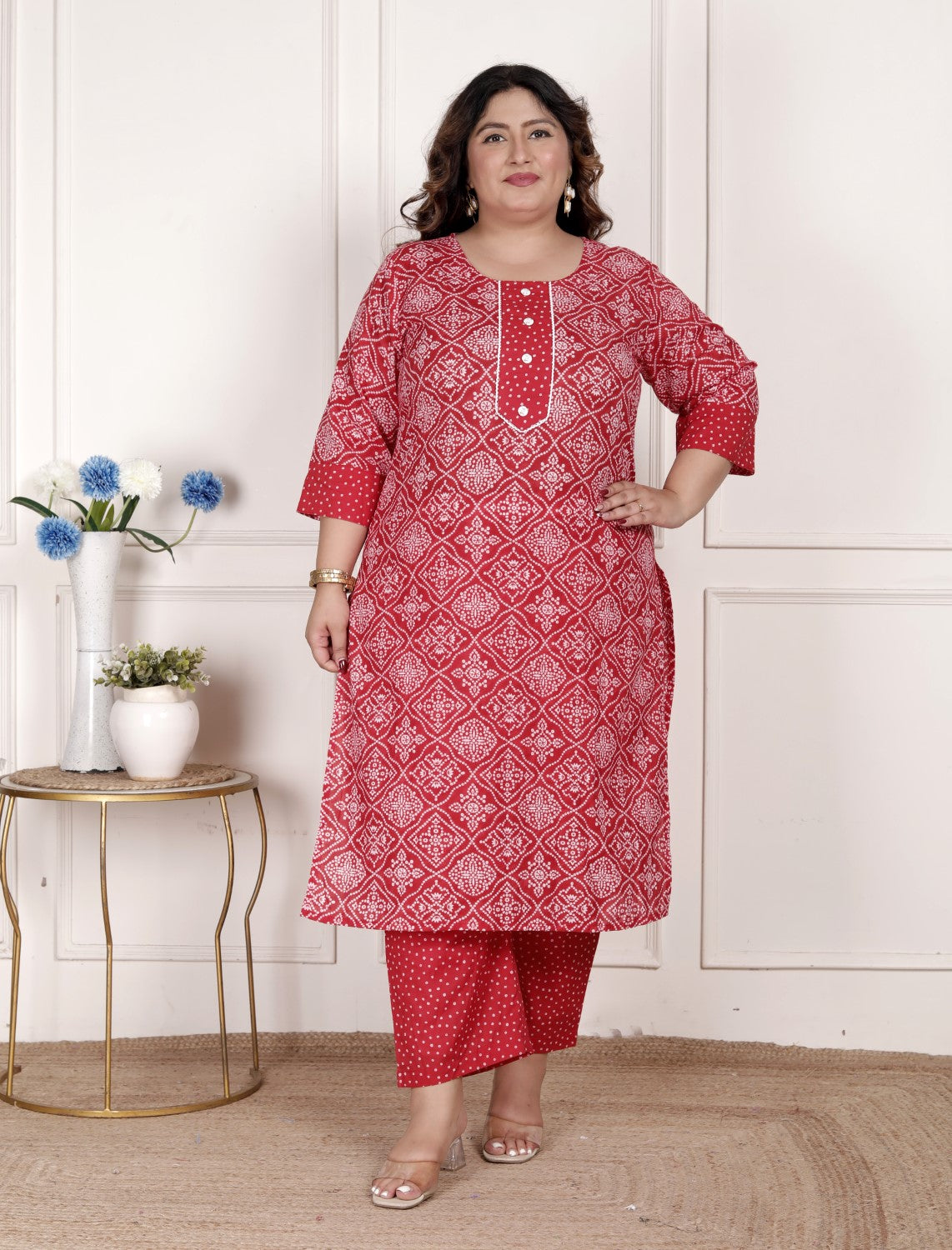 Plus Size  Red Cotton Bandhni print Kurta Pant Set with Dupatta-200073