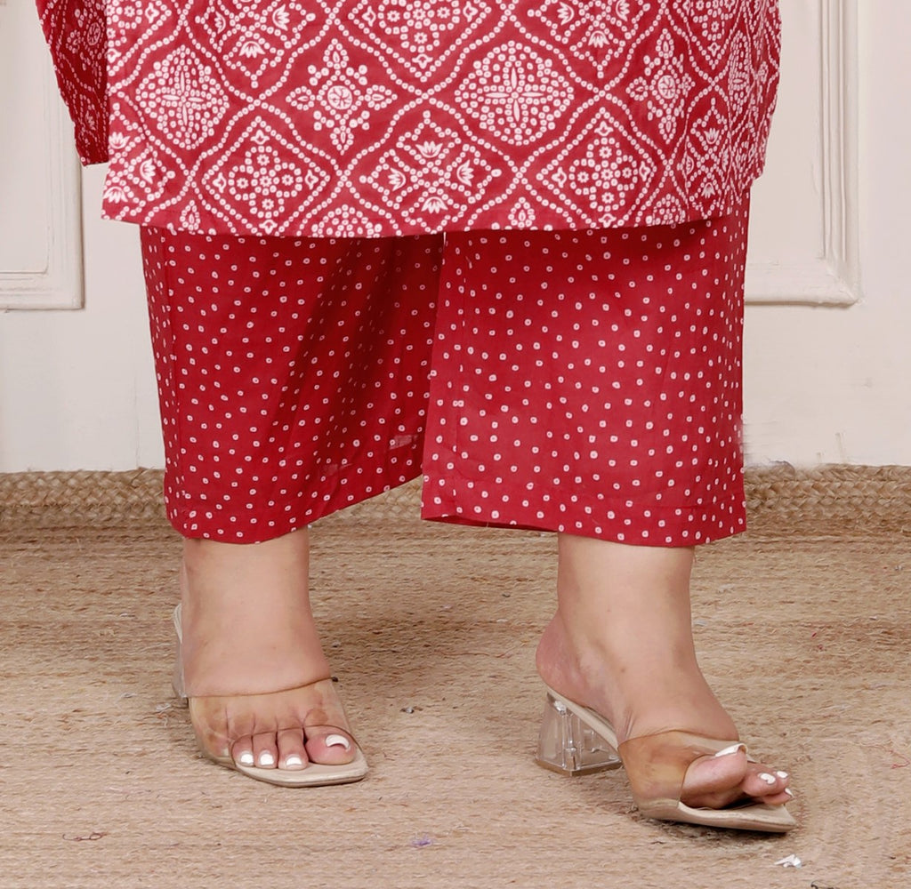 Plus Size  Red Cotton Bandhni print Kurta Pant Set with Dupatta-200073