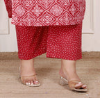 Plus Size  Red Cotton Bandhni print Kurta Pant Set with Dupatta-200073
