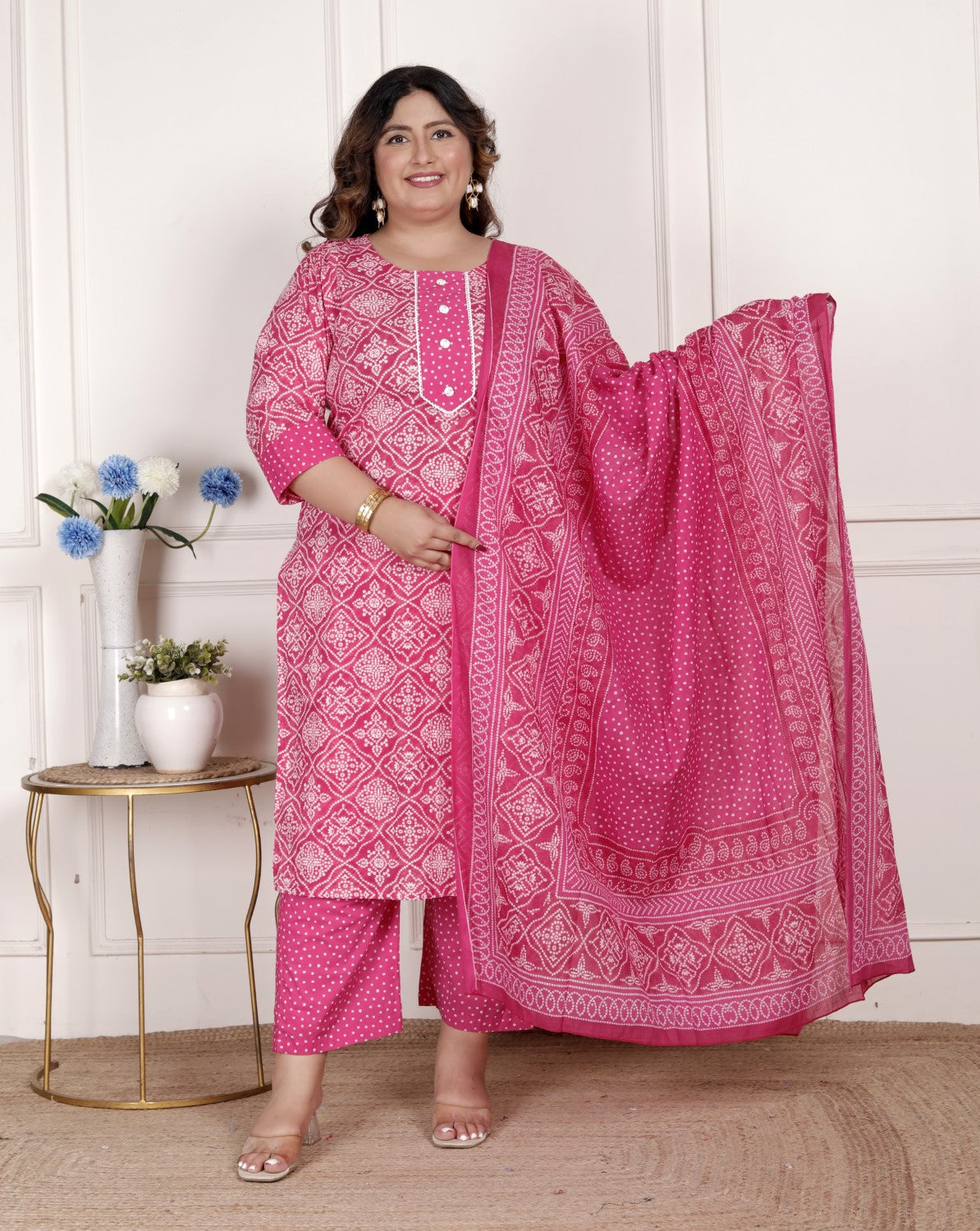 Plus Size  Pink Cotton Bandhni print Kurta Pant Set with Dupatta-200074 Secondary image