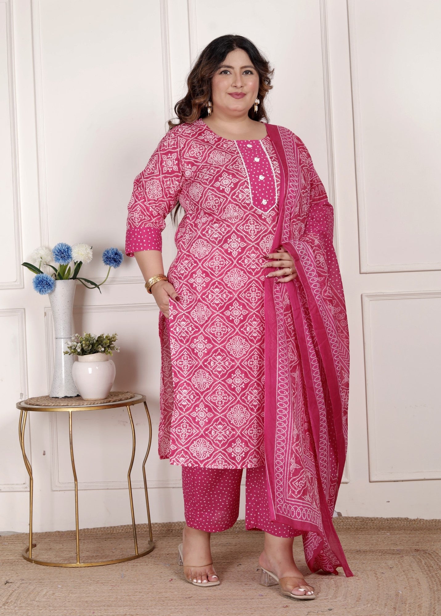 Plus Size  Pink Cotton Bandhni print Kurta Pant Set with Dupatta-200074