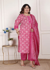 Plus Size  Pink Cotton Bandhni print Kurta Pant Set with Dupatta-200074