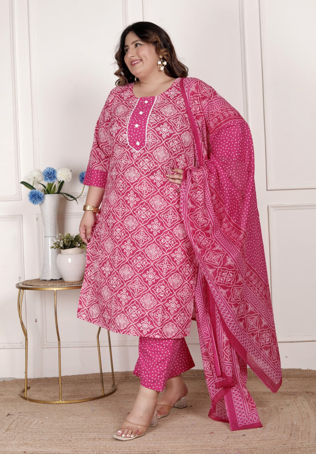 Plus Size  Pink Cotton Bandhni print Kurta Pant Set with Dupatta-200074