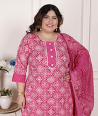 Plus Size  Pink Cotton Bandhni print Kurta Pant Set with Dupatta-200074