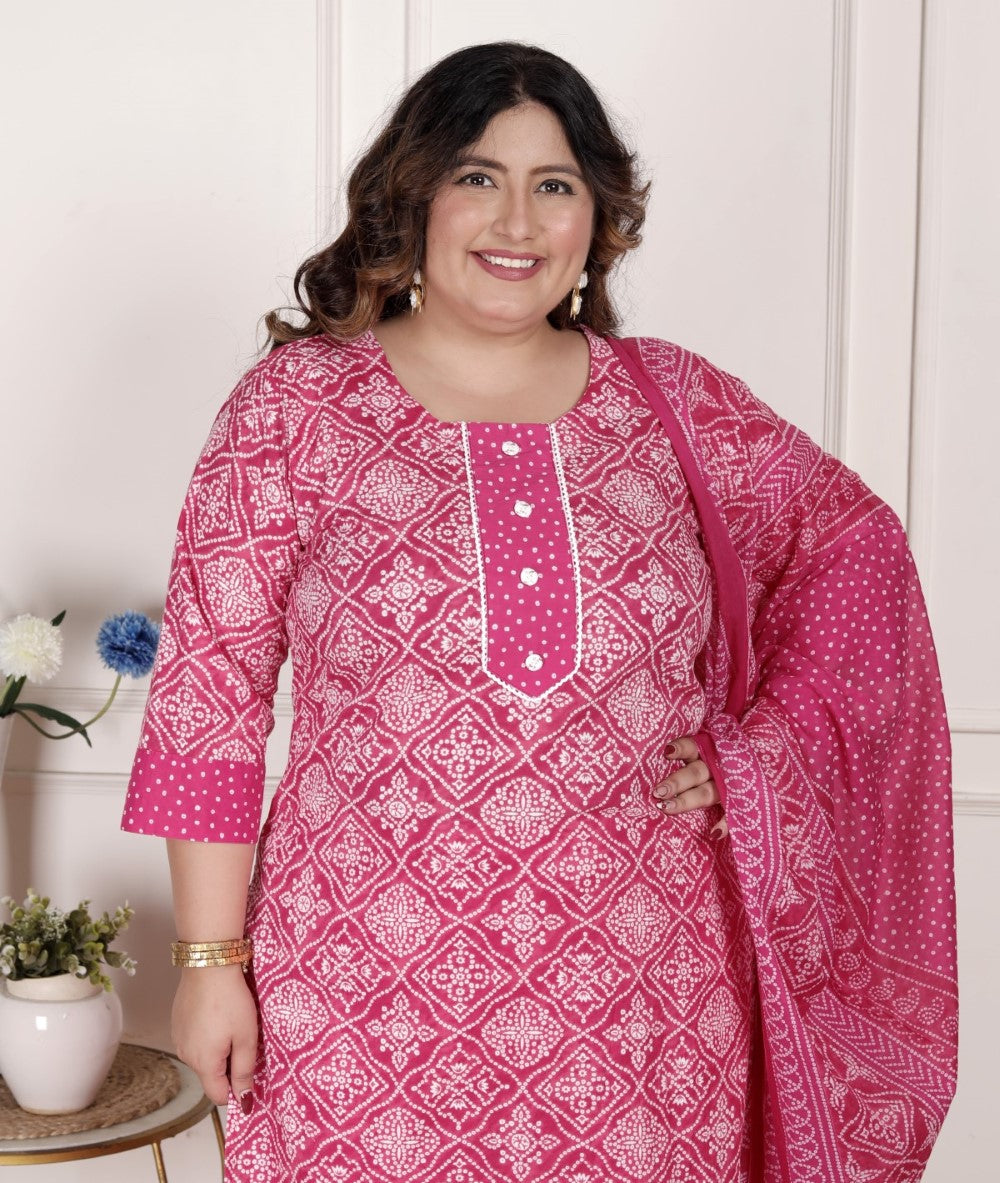 Plus Size  Pink Cotton Bandhni print Kurta Pant Set with Dupatta-200074