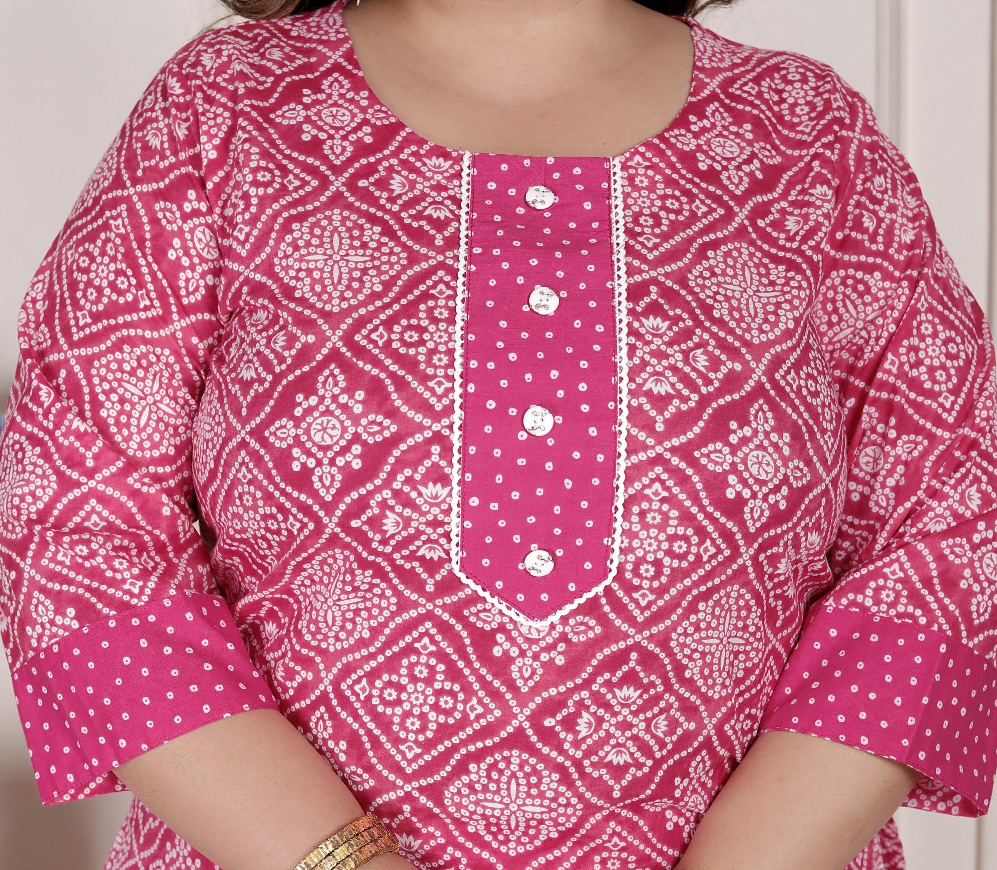Plus Size  Pink Cotton Bandhni print Kurta Pant Set with Dupatta-200074
