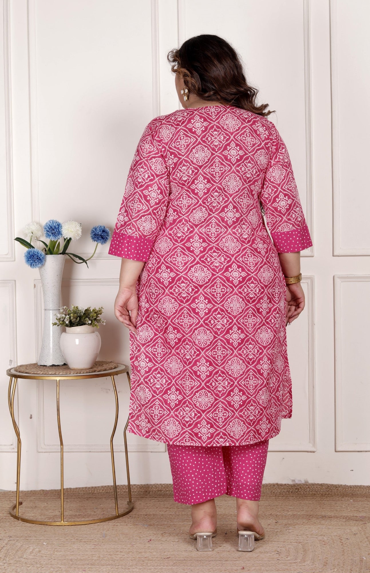 Plus Size  Pink Cotton Bandhni print Kurta Pant Set with Dupatta-200074