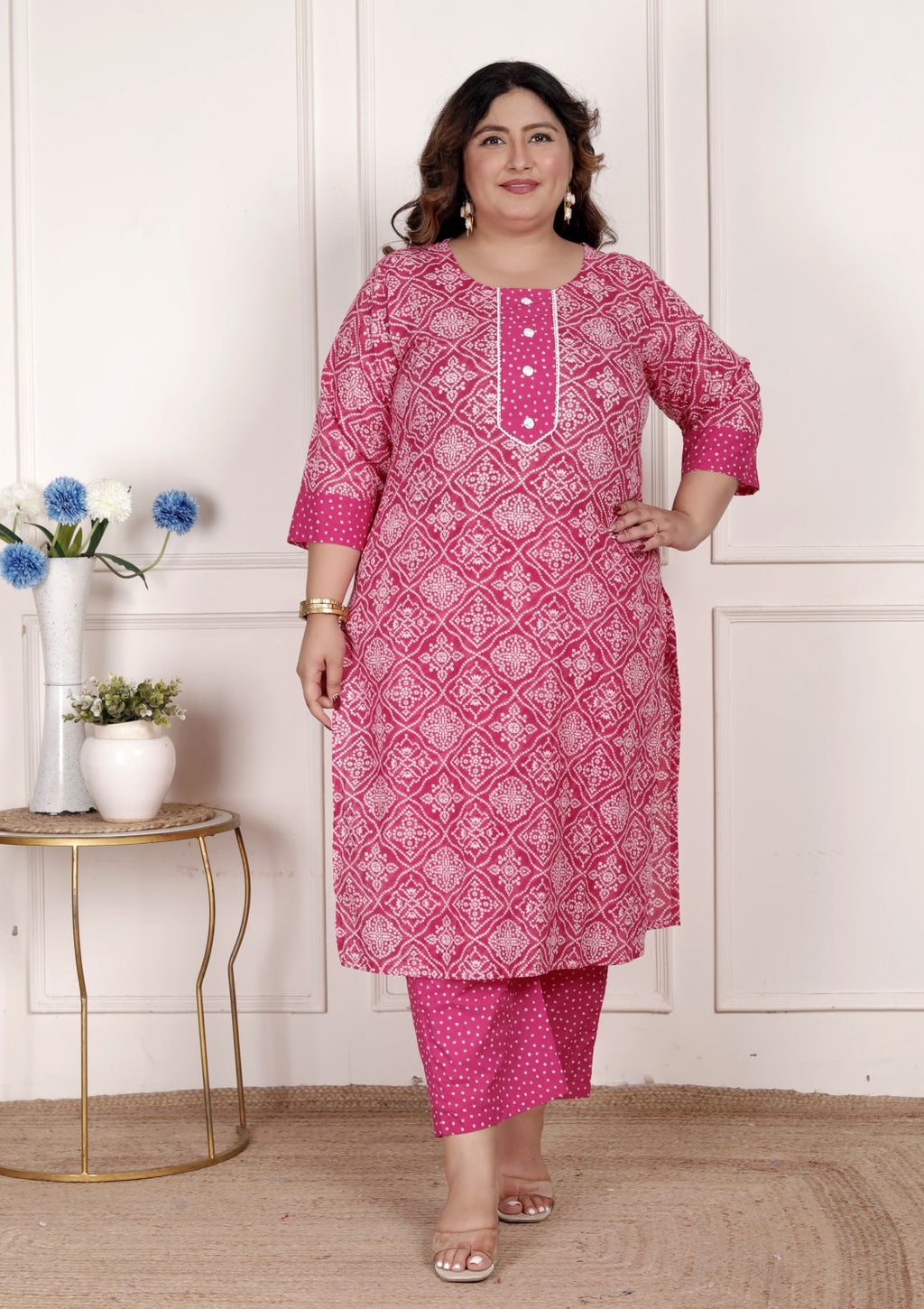 Plus Size  Pink Cotton Bandhni print Kurta Pant Set with Dupatta-200074