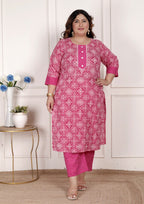 Plus Size  Pink Cotton Bandhni print Kurta Pant Set with Dupatta-200074
