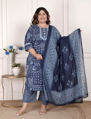 Plus Size Blue Cotton Printed Kurta Pant Set with Dupatta-200075