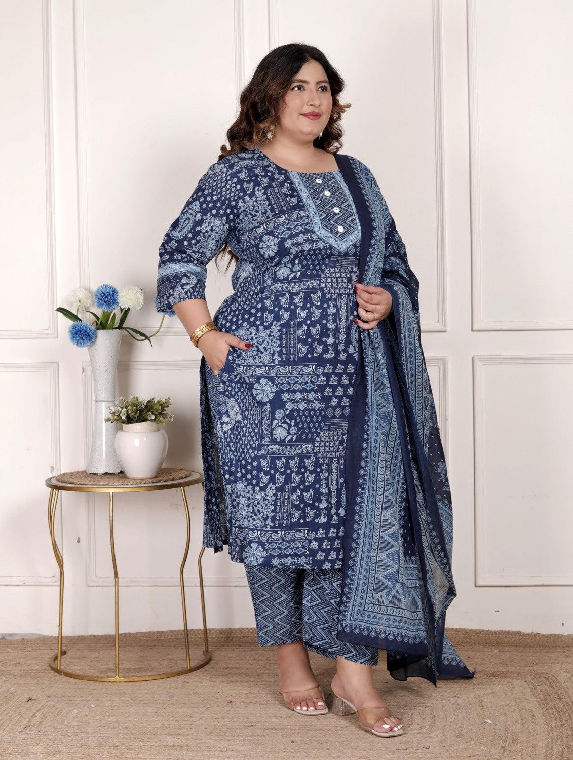 Plus Size Blue Cotton Printed Kurta Pant Set with Dupatta-200075 Main image