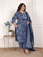 Plus Size Blue Cotton Printed Kurta Pant Set with Dupatta-200075