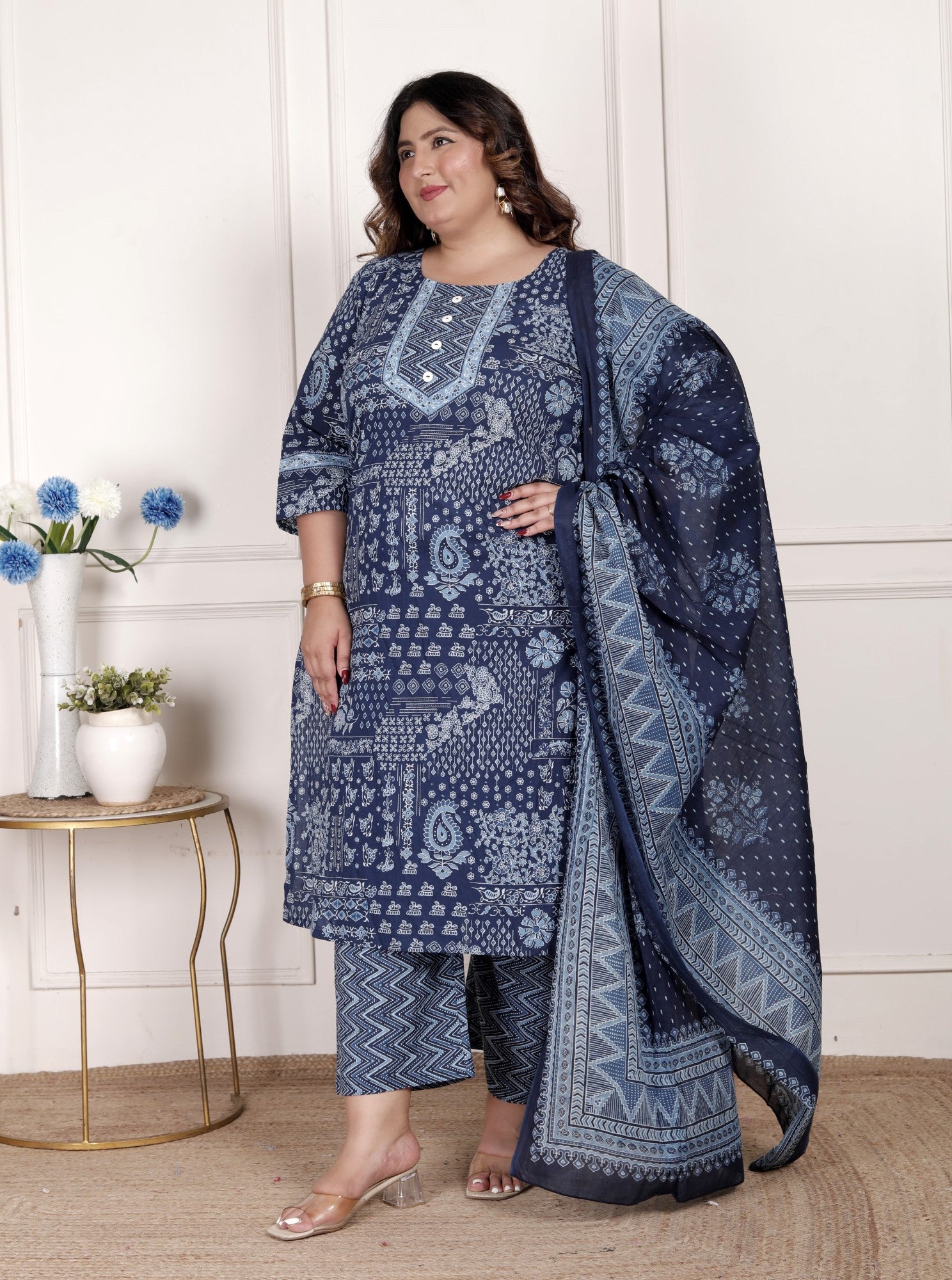 Plus Size Blue Cotton Printed Kurta Pant Set with Dupatta-200075