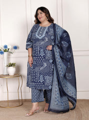 Plus Size Blue Cotton Printed Kurta Pant Set with Dupatta-200075