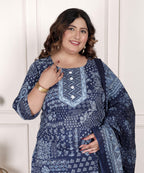 Plus Size Blue Cotton Printed Kurta Pant Set with Dupatta-200075
