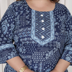 Plus Size Blue Cotton Printed Kurta Pant Set with Dupatta-200075