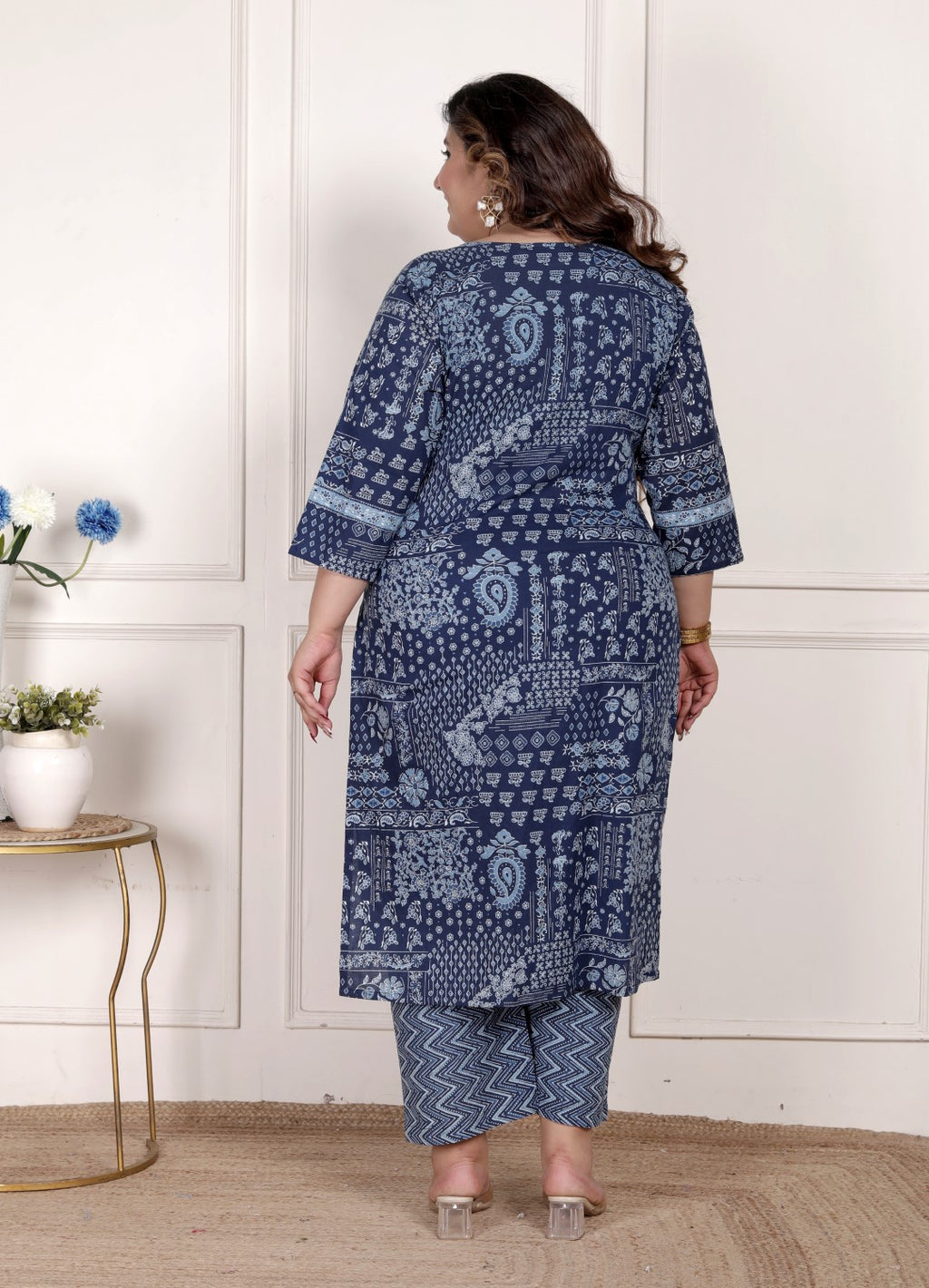 Plus Size Blue Cotton Printed Kurta Pant Set with Dupatta-200075