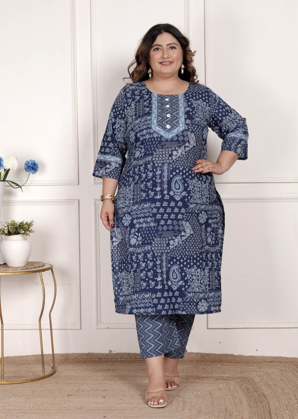 Plus Size Blue Cotton Printed Kurta Pant Set with Dupatta-200075