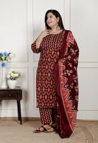 Plus Size Black Cotton Printed Kurta Pant Set with Dupatta-200076