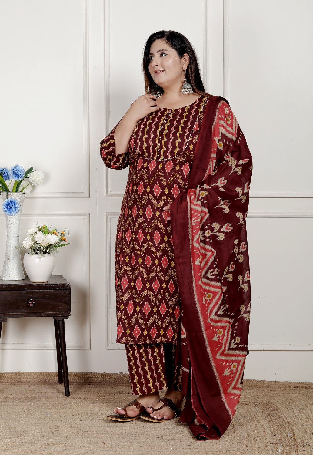 Plus Size Black Cotton Printed Kurta Pant Set with Dupatta-200076