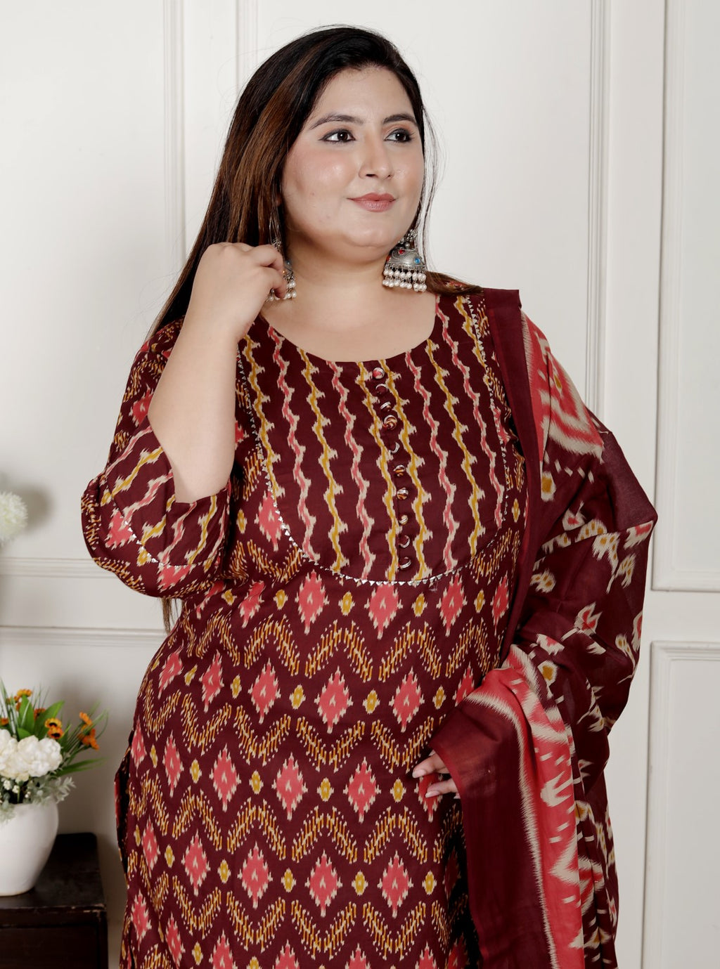 Plus Size Black Cotton Printed Kurta Pant Set with Dupatta-200076