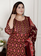Plus Size Black Cotton Printed Kurta Pant Set with Dupatta-200076