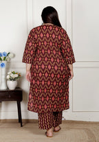 Plus Size Black Cotton Printed Kurta Pant Set with Dupatta-200076