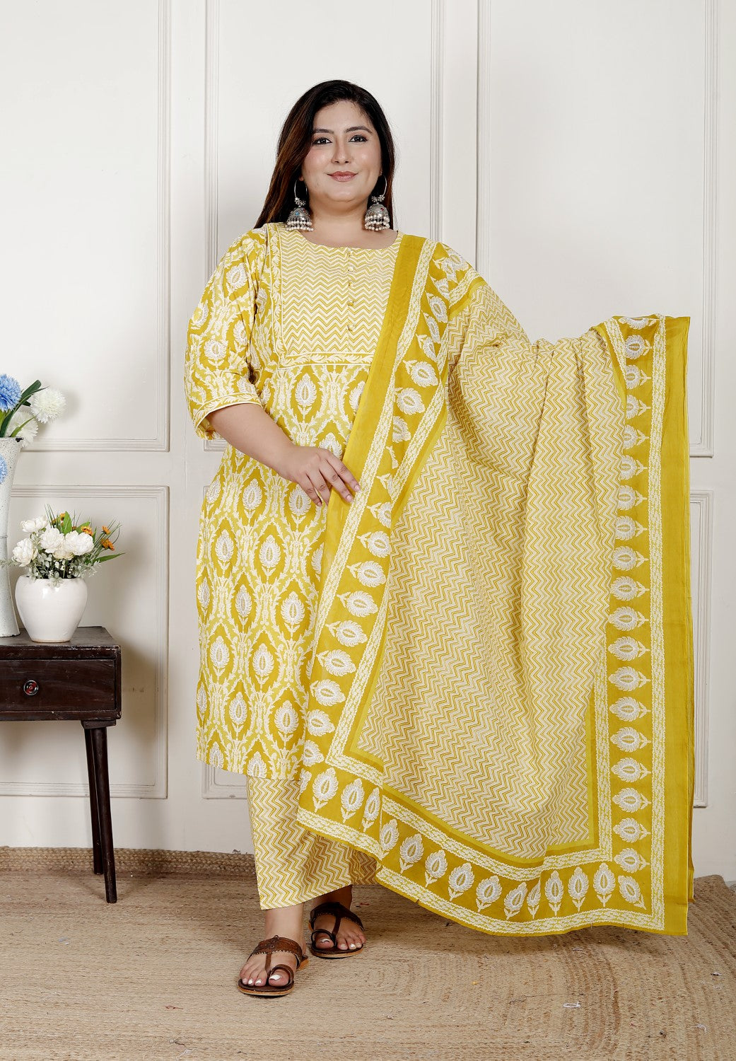 Plus Size Yellow Cotton Printed Kurta Pant Set with Dupatta-200077 Secondary image