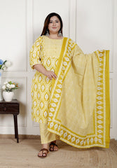 Plus Size Yellow Cotton Printed Kurta Pant Set with Dupatta-200077