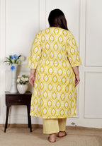 Plus Size Yellow Cotton Printed Kurta Pant Set with Dupatta-200077