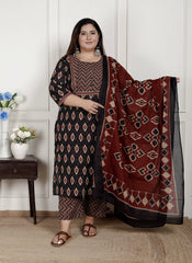 Plus Size Black Cotton Printed Kurta Pant Set with Dupatta-200078