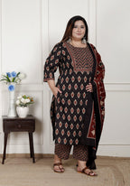 Plus Size Black Cotton Printed Kurta Pant Set with Dupatta-200078