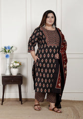 Plus Size Black Cotton Printed Kurta Pant Set with Dupatta-200078