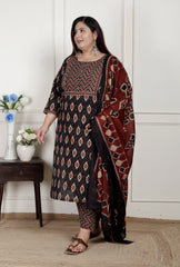 Plus Size Black Cotton Printed Kurta Pant Set with Dupatta-200078