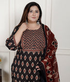 Plus Size Black Cotton Printed Kurta Pant Set with Dupatta-200078