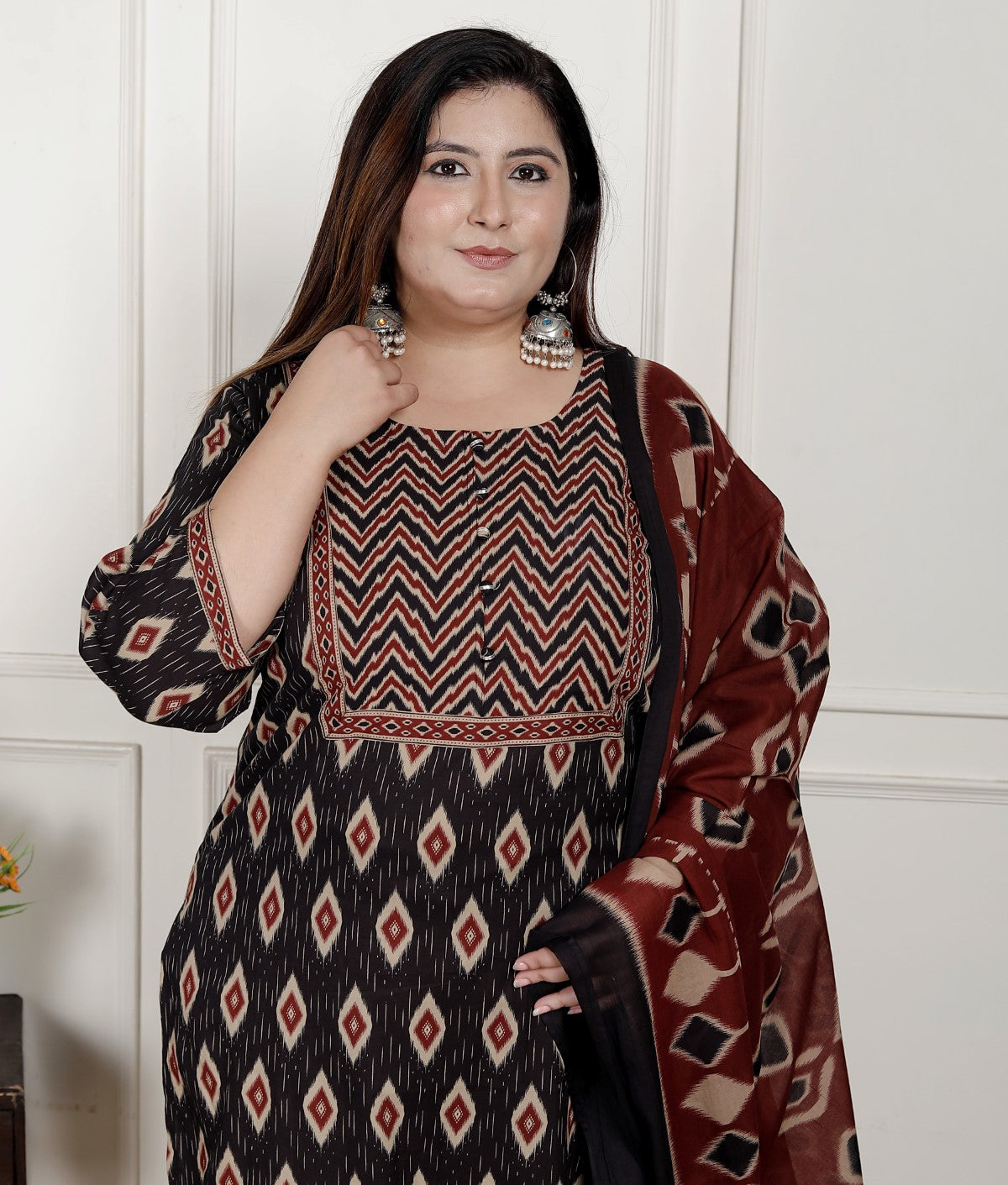 Plus Size Black Cotton Printed Kurta Pant Set with Dupatta-200078