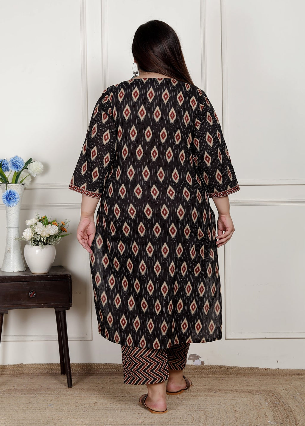 Plus Size Black Cotton Printed Kurta Pant Set with Dupatta-200078