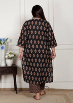 Plus Size Black Cotton Printed Kurta Pant Set with Dupatta-200078