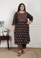 Plus Size Black Cotton Printed Kurta Pant Set with Dupatta-200078